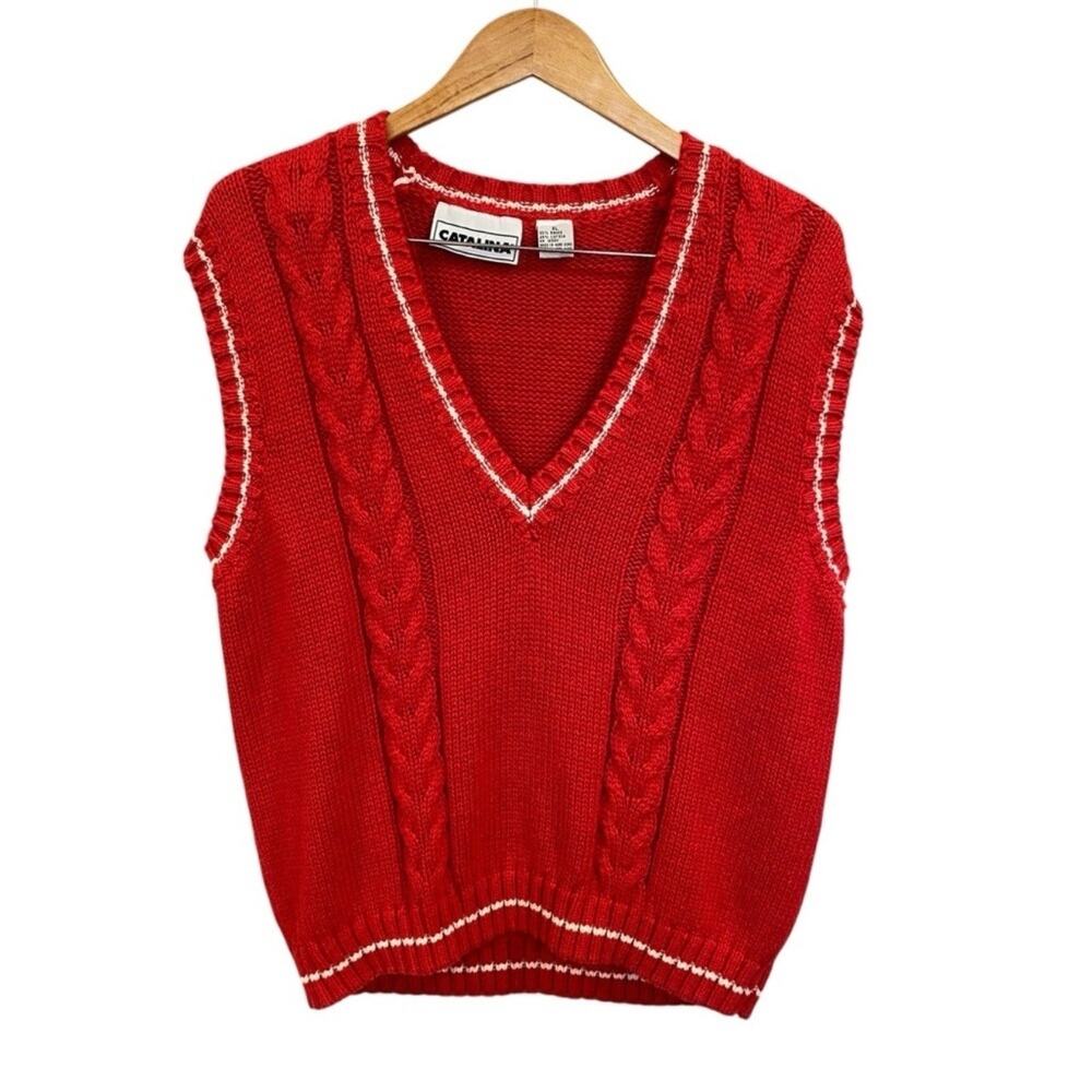 Vintage Catalina Red Cable Knit Cricket Sweater Vest XL 90s Preppy - Picture 2 of 6